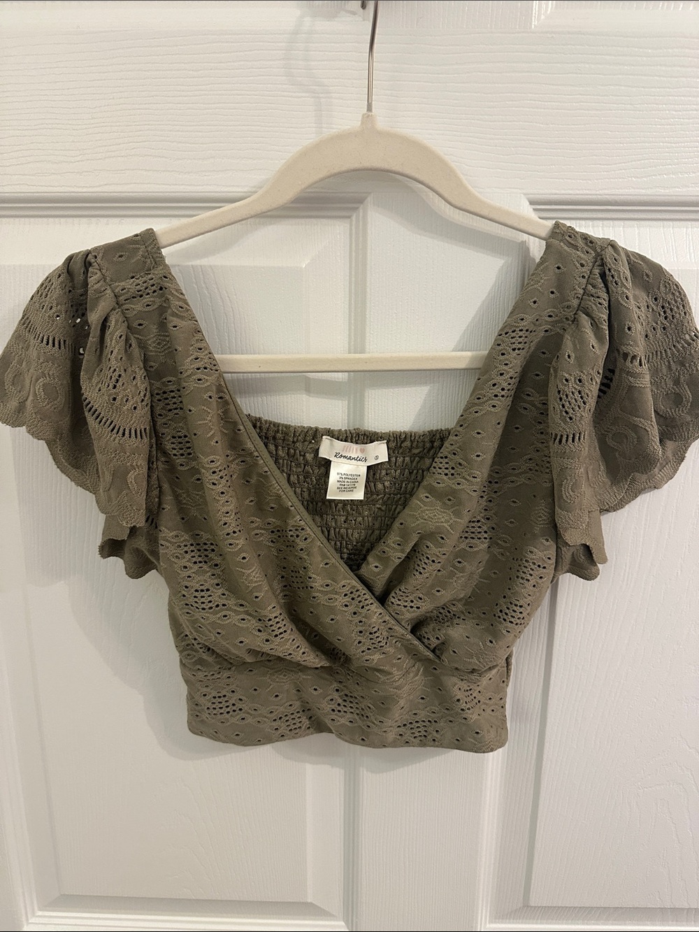 Aritzia Olive Eyelet Wrap-Style Crop Top